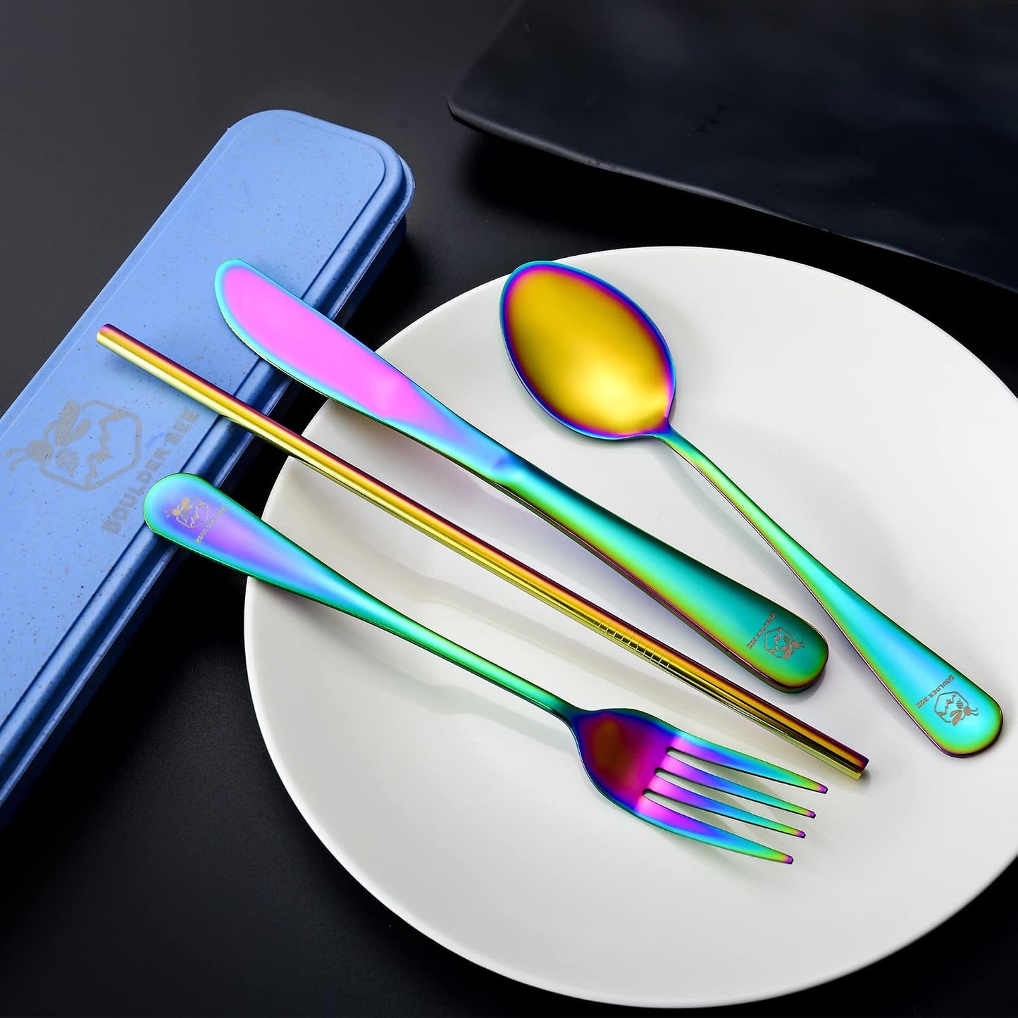 Boulder Bee | Travel Utensils Set | Reusable Camping Cutlery Set | Stainless Steel Flatware Set | Portable Silverware Set with Case | Includes Knife/Fork/Spoon/Straw/Cleaning Cloth/Case (Purple)