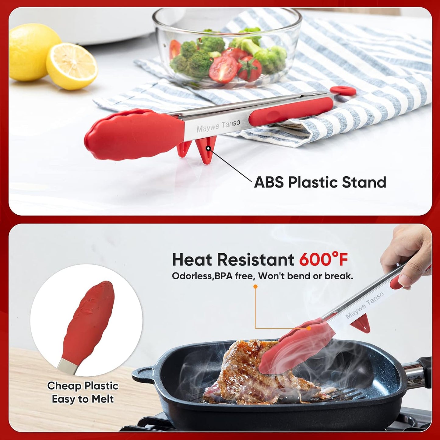3 Pack Silicone Tongs for Cooking,Maywe Tanso 9 Inch Cooking Kitchen Tongs with Silicone Tips,Nonstick Stainless Steel Tongs for Steak Pie Pizza Pasta Spaghetti Salad BBQ Buffet