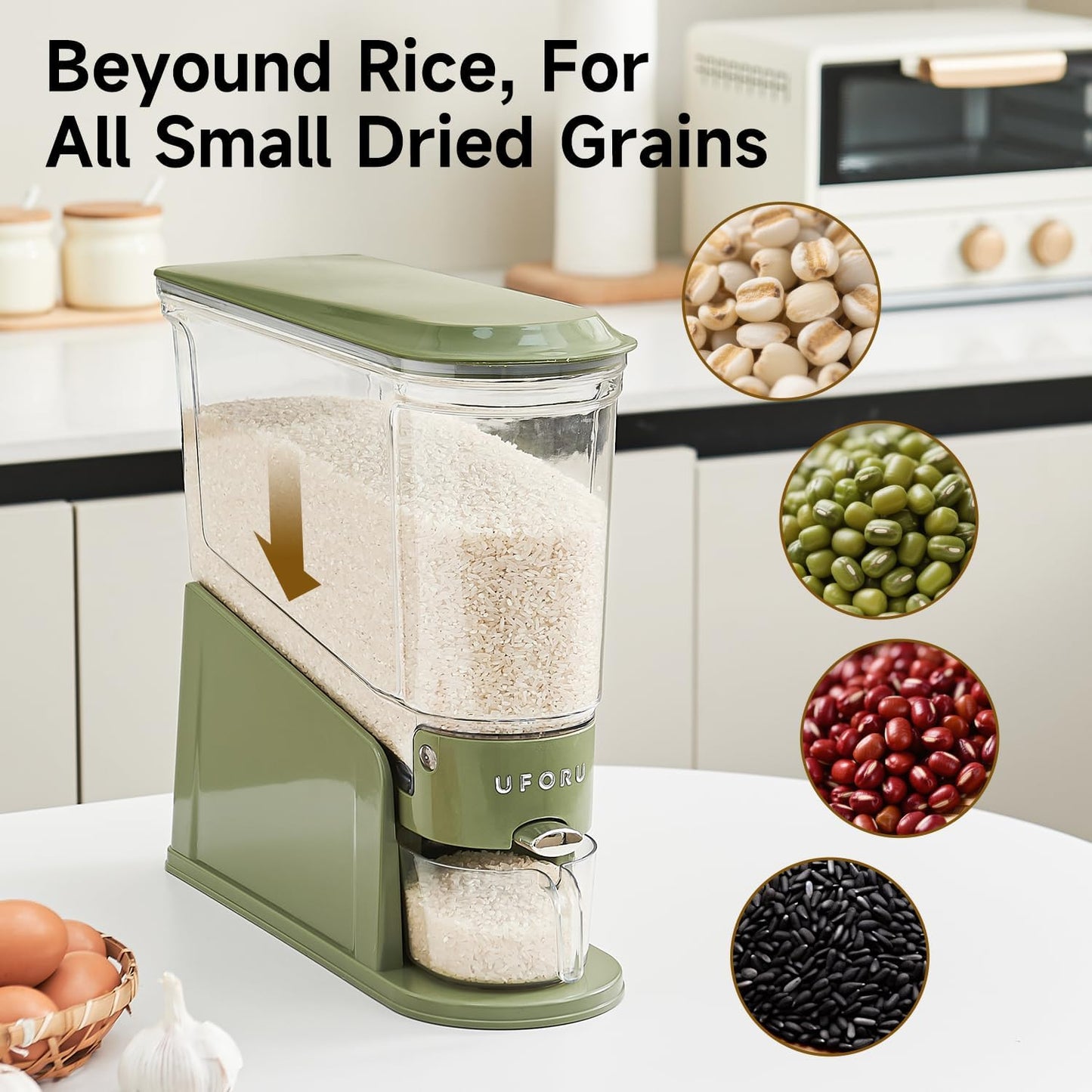 UFORU Rice Dispenser 11Lbs, Slim Rice Storage Container for Small Space, BPA-Free Clear Dry Food Dispenser Sealed Moisture Proof, Grain&Cereal Storage Bucket for Kitchen Pantry Household, Cream White