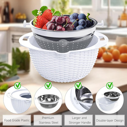 4-1 Colander with Bowl & Spoons Set - Rotatable Colander for kitchen with New Upgraded Graters, Food Strainer(Patented) for Pasta, Fruits, Vegetables, Funny Presents for Women, Beige
