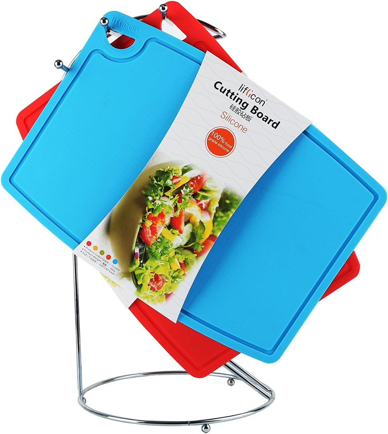 Liflicon Thick Cutting Boards for Kitchen Silicone Chopping Board Set of 2 Mid 12.6'' x 9.1”,Mini 9.1”x7.1” Non-slip Deep Drip Juice Groove Easy Grip Handle,Dishwasher Safe-Red