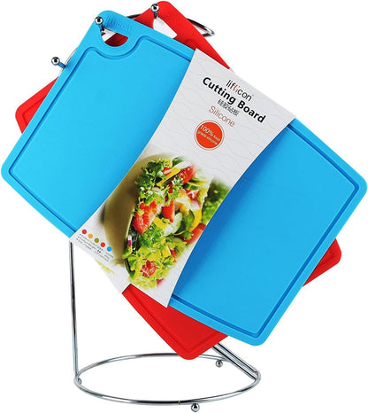 Liflicon Thick Cutting Boards for Kitchen Silicone Chopping Board Set of 2 Mid 12.6'' x 9.1”,Mini 9.1”x7.1” Non-slip Deep Drip Juice Groove Easy Grip Handle,Dishwasher Safe-Red