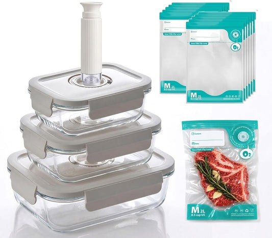 3-Piece Rectangle Glass Vacuum Food Storage Containers Set with Hand Pump & 10 Sealer Bags, Borosilicate Airtight Meal Prep Lids with Date Tracker, Leakproof, Freezer & Microwave Safe [21/35/50 Oz]