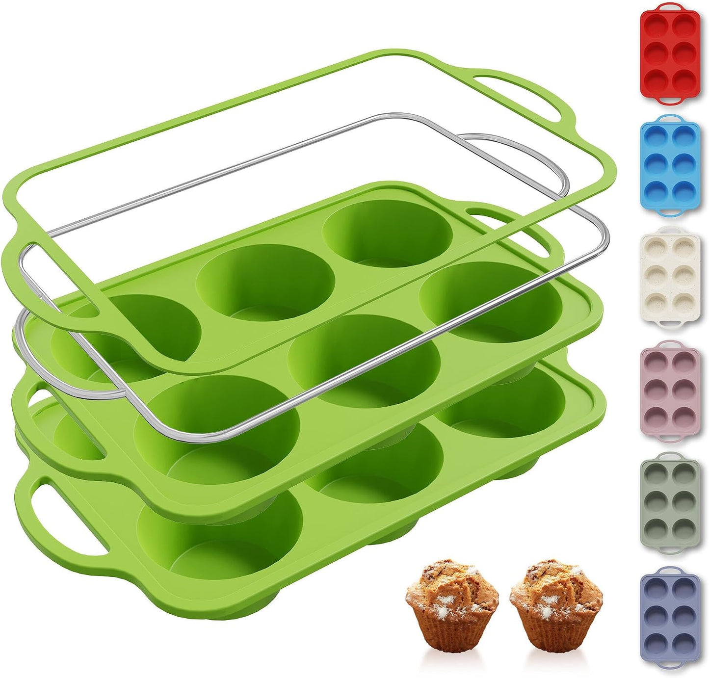 2 Packs 12 Cups Silicone Muffin Pan for Baking with Metal Reinforced Frame Regular Size Cupcake Pan Tray Egg Bites Silicone Cookie Molds Muffin Tin Tart Pans Sheet Set for Oven Dishwasher Safe