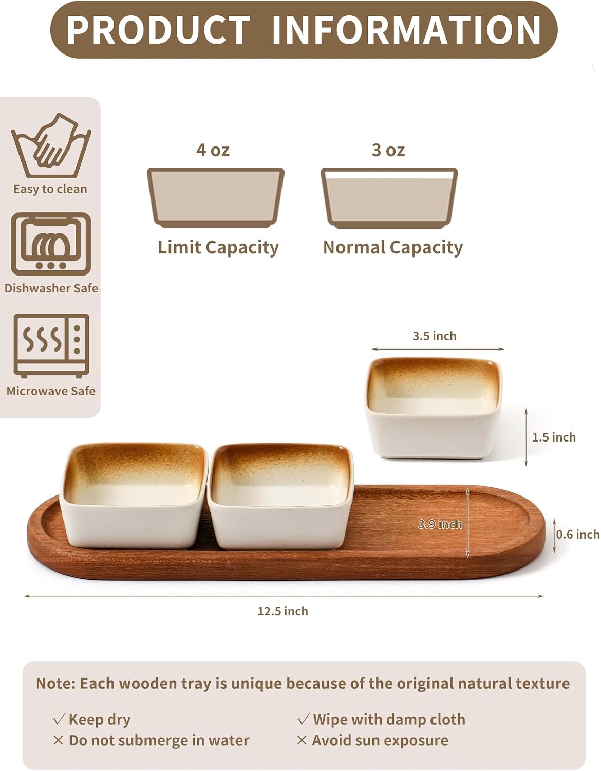 Chip and Dip Serving Set, Ceramic Dipping Sauce Bowls with Wooden Tray, 3.5 inch Side Dishes Set of 3 for Entertaining, Party, Buffets, Appetizers, Snacks and Sushi, Blue