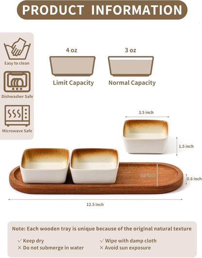 Chip and Dip Serving Set, Ceramic Dipping Sauce Bowls with Wooden Tray, 3.5 inch Side Dishes Set of 3 for Entertaining, Party, Buffets, Appetizers, Snacks and Sushi, Blue