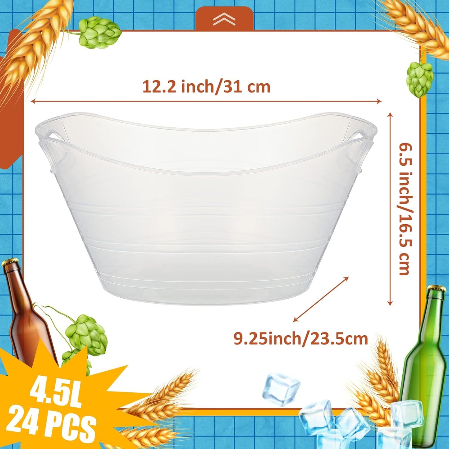 Norme 48 Pcs Plastic Ice Buckets for Parties Bulk 4.5L Oval Black Storage Tub with Handles Wine Beer Champagne Bottle Drink Cooler Tub for Christmas Holiday Home Parties Beverage Storage Basket Gift