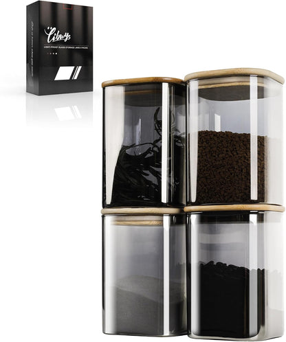 LIBWYS 12-Pack Square Glass Storage Jars with Bamboo Lids (0.6Qt/1.06Qt) - Stackable Food Containers for Pantry Organization, Coffee, Flour, Snacks, Tea | Kitchen Canisters Set