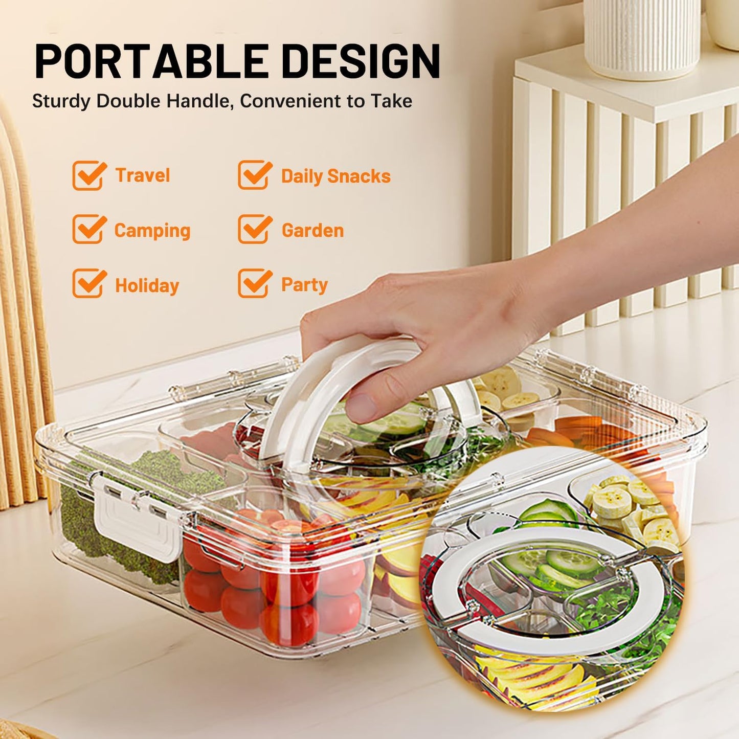 Snackle Box Container with 4 Forks, Divided Serving Tray with Lid and Handle, Veggie and Fruit Platter Tray for Parties, Large Food Organizer Box with Stainless Steel Forks, 8 Compartment