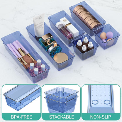 WOWBOX 6 Pack Clear Drawer Organizer Set, Acrylic Drawer Storage Trays, Storage Bins for Makeup, Cosmetics, Jewelries, Utensils, Gadgets, Office