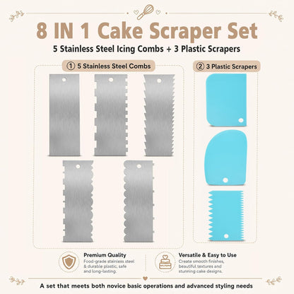 5PCS 9 Inch Cake Scraper Set Stainless Steel Smoother Comb Double Sides