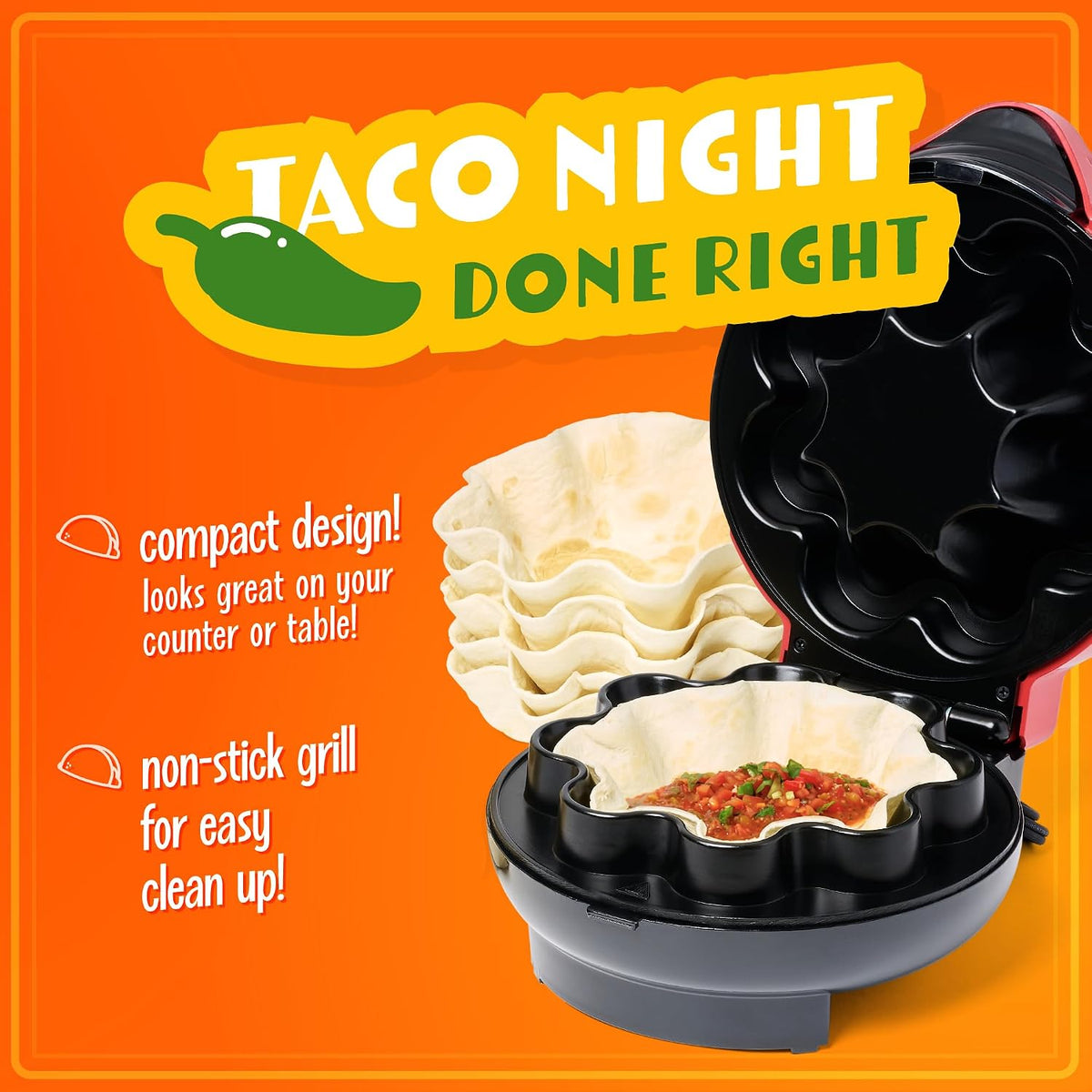 Taco Tuesday Deluxe 8-Inch 6-Wedge Electric Quesadilla Maker with Extra Stuffing Latch, Red