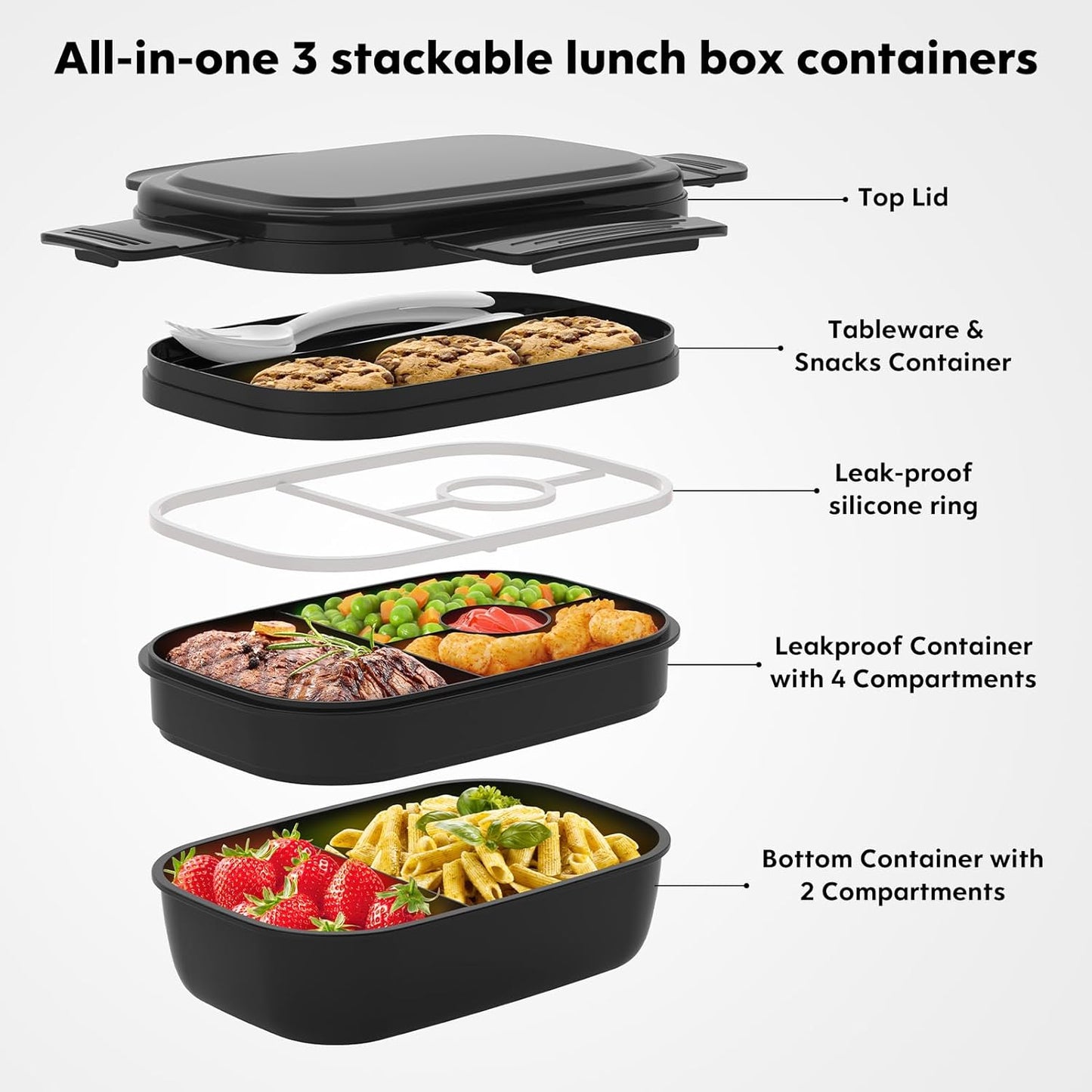 Modern Adult Lunch Box, Stackable Lunch Containers, Minimalist Design Bento Box with Utensil Set - Leak-Proof for Dining Out, Work, School, Picnic