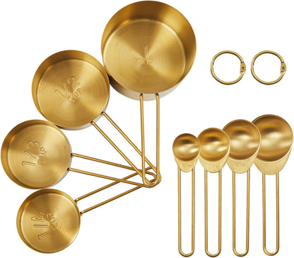 Golden 304 Stainless Steel Measuring Cups and Spoons Set,8PCS Stackable & Long Handle Fits Narrow Jars, Premium Gold Kitchen Accessories for Liquid & Dry Ingredients Baking Cooking, Durable&Rust-Proof