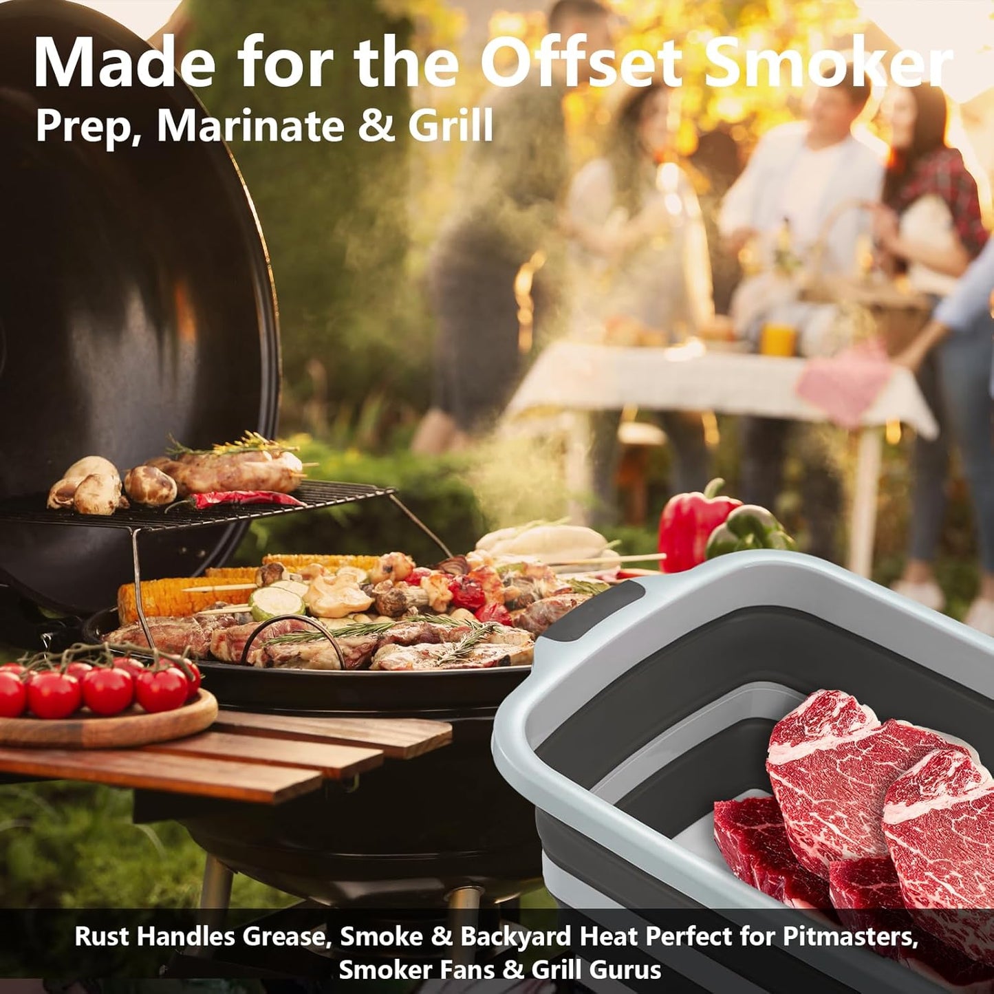 Collapsible BBQ Prep Tub with Cutting Board & Lid - XXL 7.95 Gal / 66 lb - Reusable Grilling Accessories - BPA-Free, Hand Wash (Drain Hole) - Outdoor, Boating, Hunting - Gift for Men