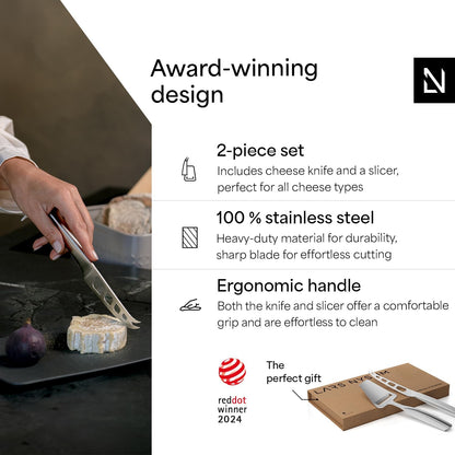 LARS NYSØM Cheese Knife Set Edge 2 pcs. I Cheese Knife Set Made of Stainless Steel I Premium Gift Box I Perfect as Christmas Gift (Carbon Black)