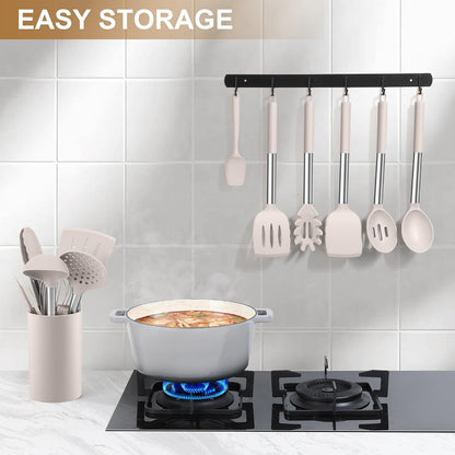 LIANYU 15 Pcs Kitchen Cooking Utensils Set with Holder, Silicone Kitchen Tools with Stainless Steel Handle, Heat Resistant Gadgets, Brush Spatula Spoon Whisk for Cookware, Dishwasher Safe, Khaki