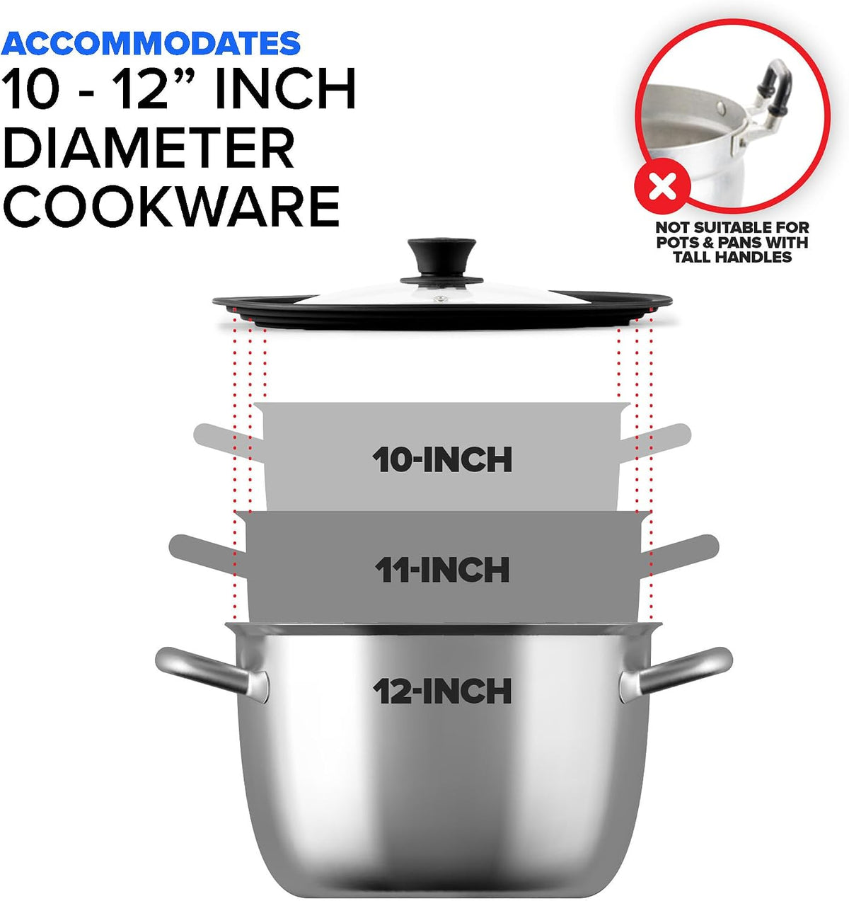 Large Silicone & Glass Universal Lid (10.5 to 12 Inches) - BPA-Free Silicone Lid with Stay Cool Handle & Tempered Glass Top - Dishwasher Safe - Universal Lid for Pots, Pans, Skillets, Cast Iron