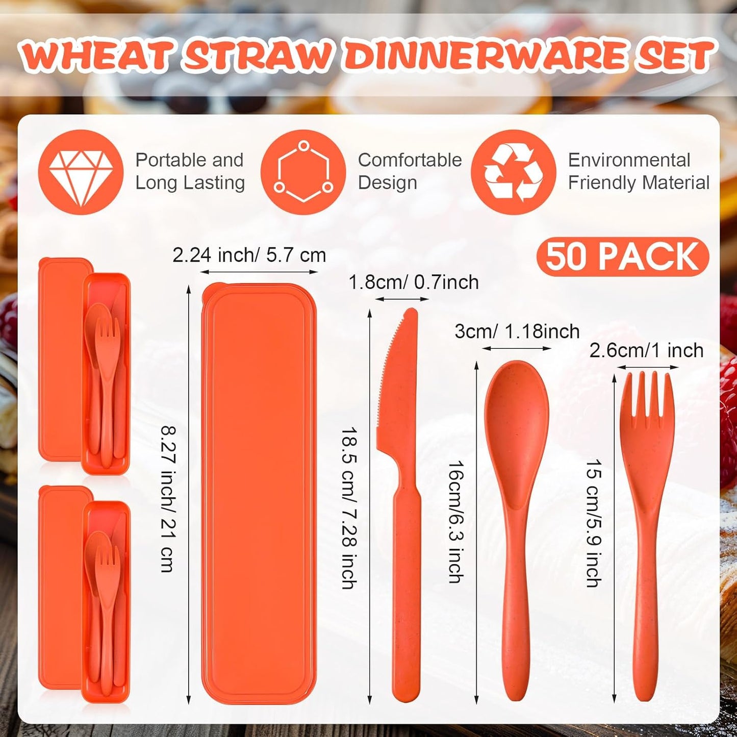Jinei 50 Sets Reusable Travel Utensils Set with Case Wheat Straw Cutlery Portable Spoon Knife Forks Lunch Box Accessories Friendly Tableware for Kids Adults Camping Utensils(Bright)