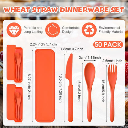 Jinei 50 Sets Reusable Travel Utensils Set with Case Wheat Straw Cutlery Portable Spoon Knife Forks Lunch Box Accessories Friendly Tableware for Kids Adults Camping Utensils(Bright)