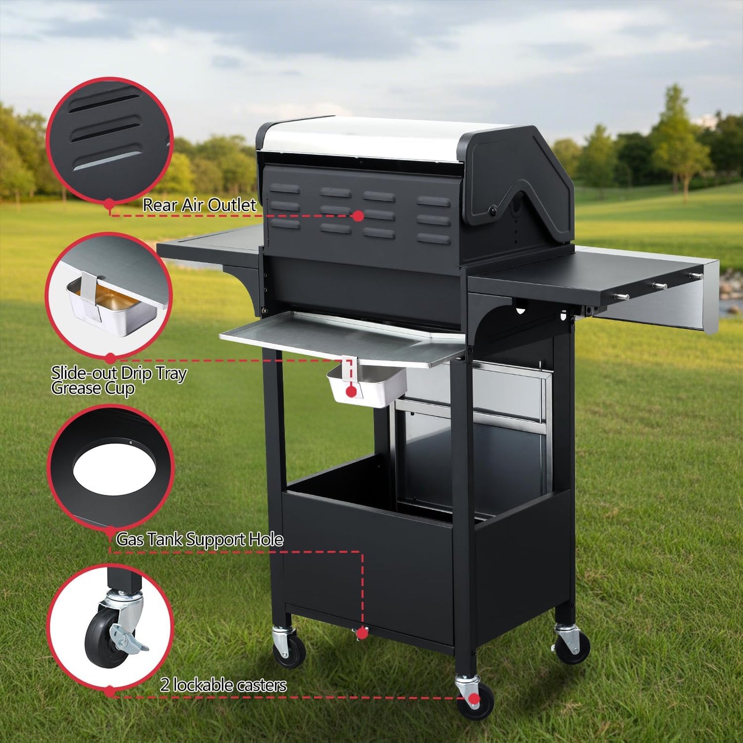 69,000 BTU 6+1 Burner Propane Gas Grill with Cast Iron Grids & Griddle Plate, Double-Wall Stainless Steel Lid – Even Heat, Easy Clean, Perfect for Backyard BBQ
