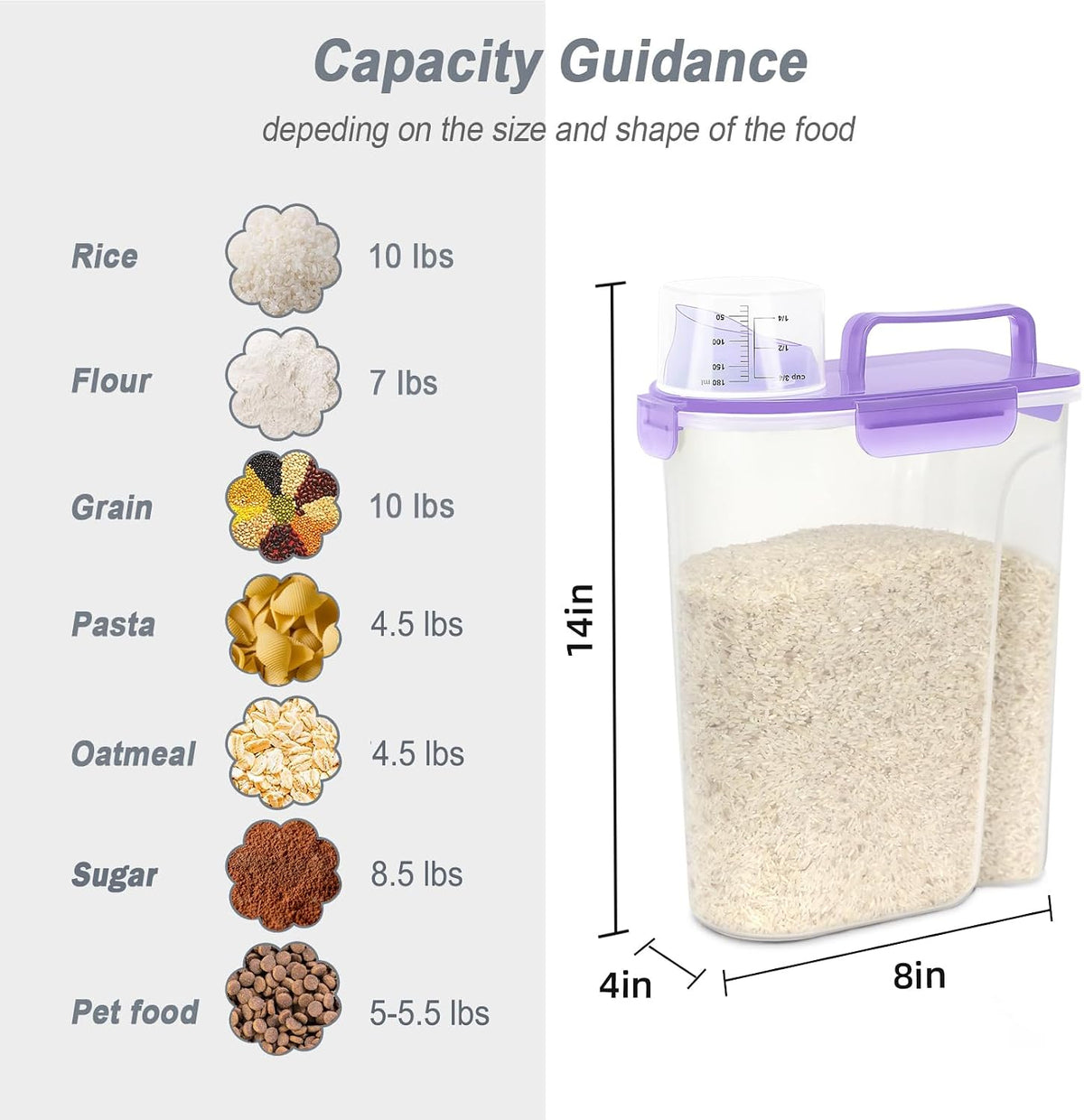 LEAWALK Airtight Rice Storage Container, 3-5Lbs Cereal Dry Food Flour Bin, Pet Dog Cat Food Dispenser with Measuring Cup, BPA Free Plastic Kitchen and Pantry Organization Bin for Sugar-Clear Grey