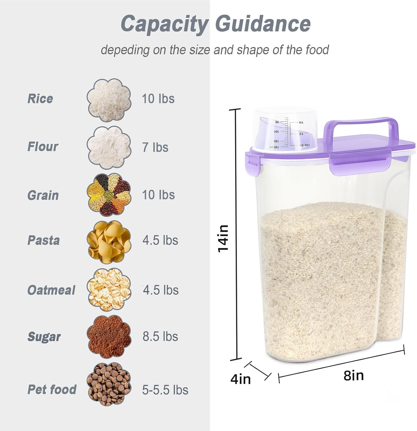 LEAWALK Airtight Rice Storage Container 24Lb/13Qt, Cereal Dry Food Flour and Sugar Bin, Dog Cat Food Dispenser with Measuring Cup, BPA Free Clear Plastic Kitchen and Pantry Organization Bin for Sugar