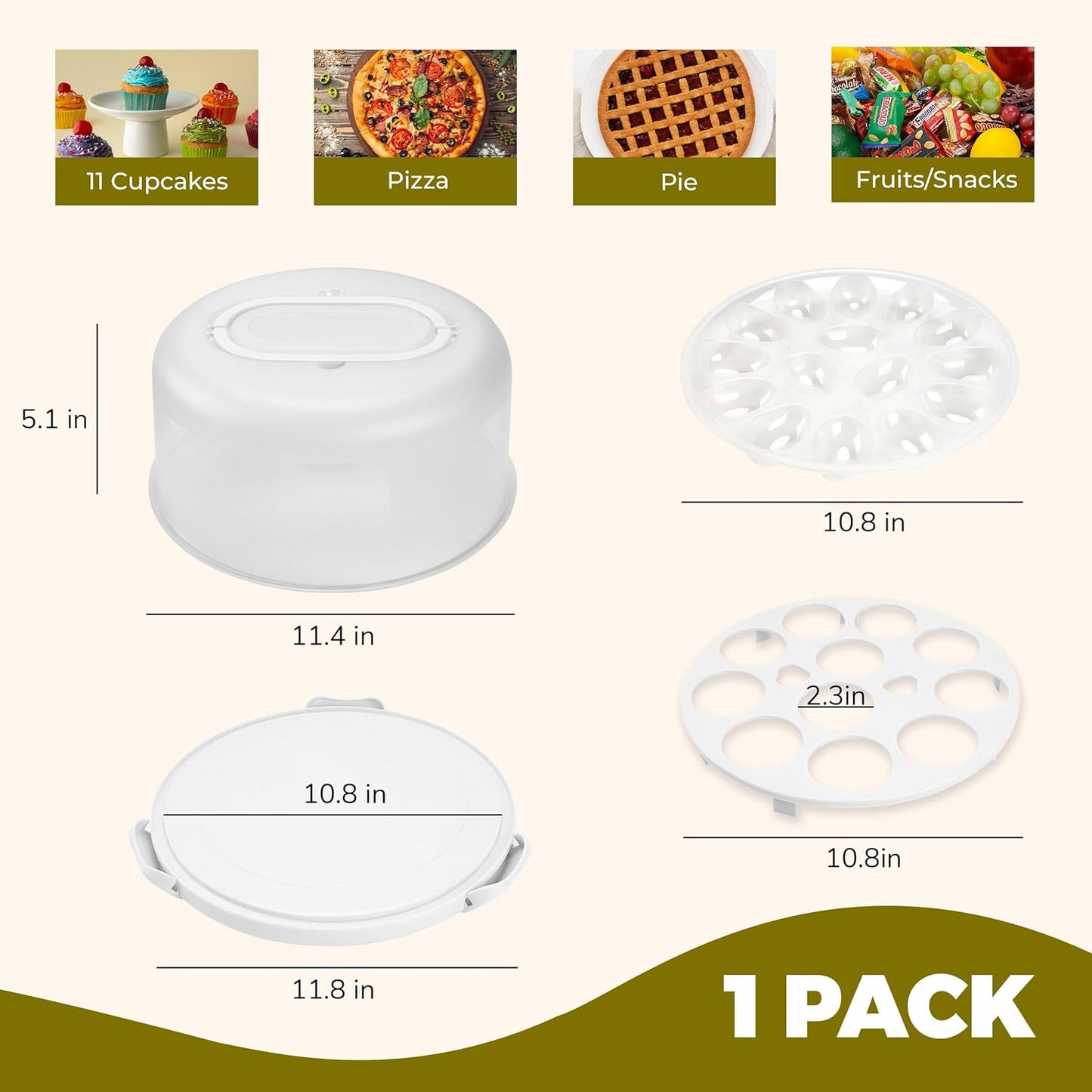 NPLUX Green Cake Containers with Lids Round Plastic Cupcake Holders 4-in-1 Multipurpose Cake Carrier Holder for 11 Inch Cake Pies Cupcake Eggs Fruit or Snack Transport