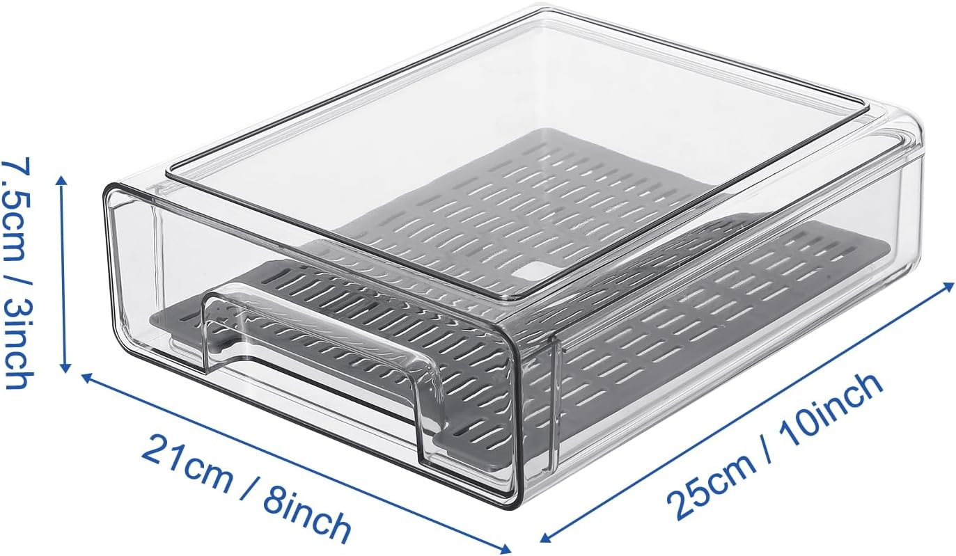 Pull Out Clear Fridge Organizer Drawers with Drainer, Refrigerator Stackable Storage Bins for Kitchen Fruit & Veggie Organization (Complete Set)