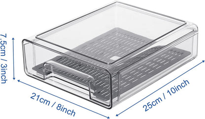Pull Out Clear Fridge Organizer Drawers with Drainer, Refrigerator Stackable Storage Bins for Kitchen Fruit & Veggie Organization (Complete Set)