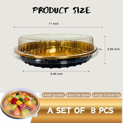 Disposable Pie Carrier with Clear Lid, 9.8 Inch Gold Plastic Serving Tray, Round Pies Holder for Pizza Dessert Salad Fruit Baking Meal Prep, 8 Pack