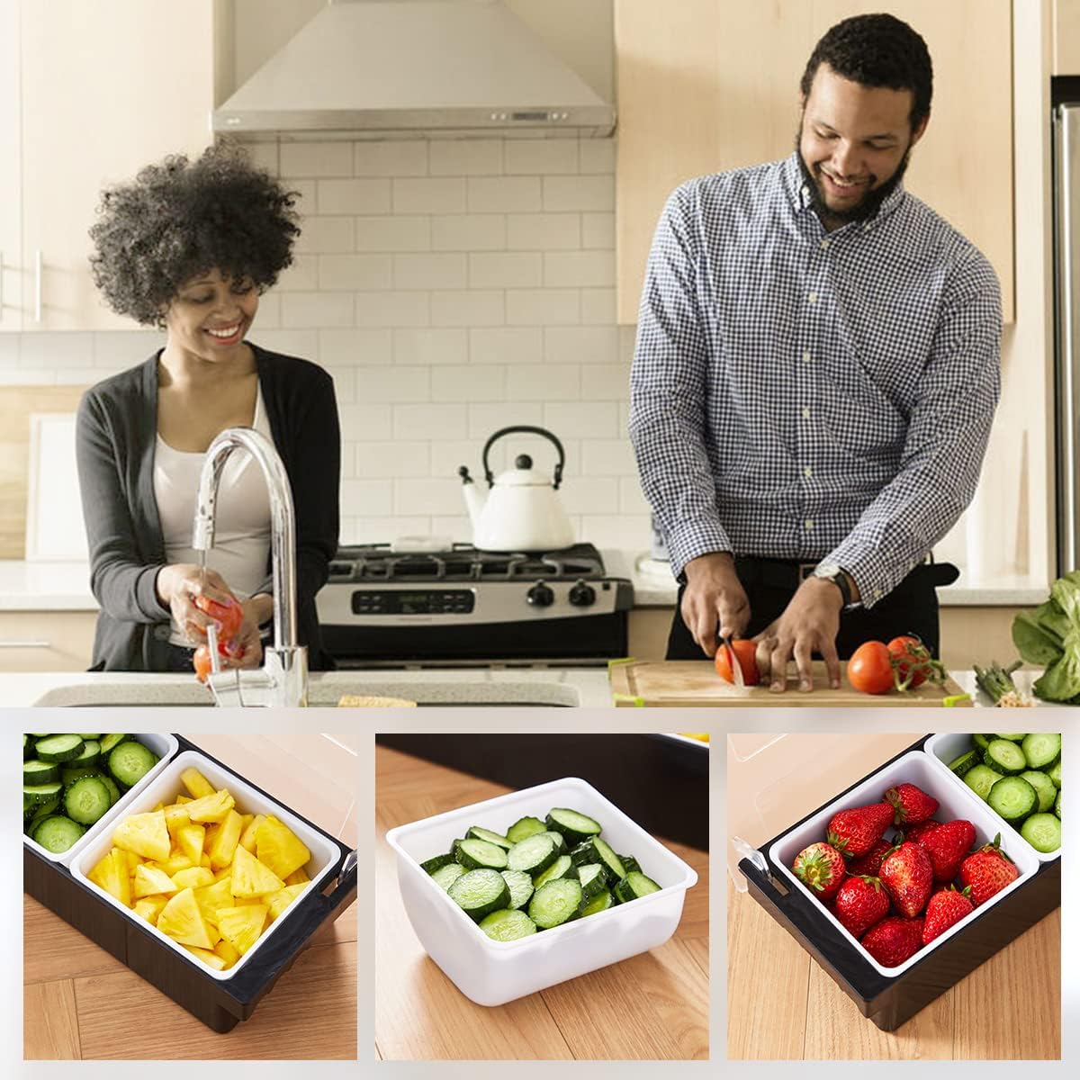 Ice Cooled Condiment Serving Container-6 Compartment Chilled Garnish Tray Bar Caddy with Hinged Lid (6 Compartments)