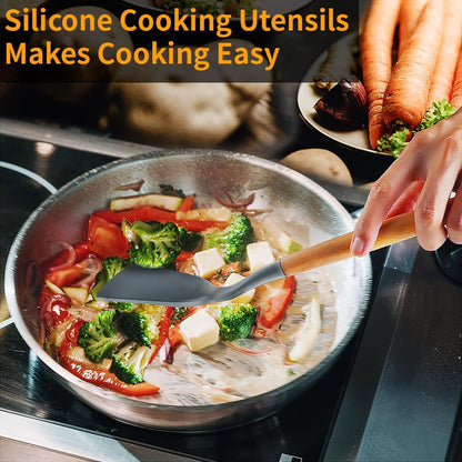 Silicone Cooking Utensils Set, 12Pcs Large Heat Resistant Kitchen Utensils, Turner Tongs, Spatula, Spoon, Wooden Handle Kitchen Gadgets with Holder for Nonstick Cookware, Dishwasher Safe (Grey)