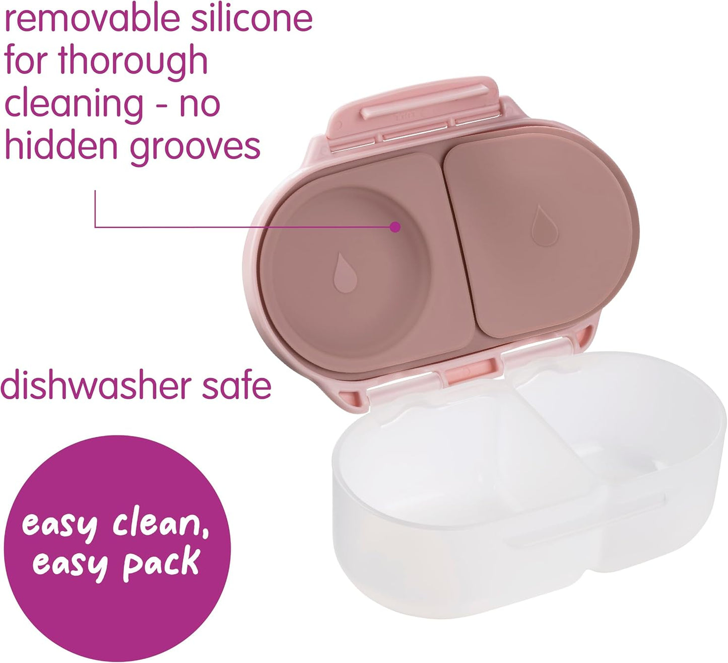 b.box Snack Box 2-Pack - Leak Proof Mini Bento Box for Kids & Toddlers, 2 Compartment Snack Containers for Kids, Dishwasher Safe, BPA-Free, PFAS-Free, Ages 4mo+, 1 3/4 Cup Each (Strawberry + Lilac)