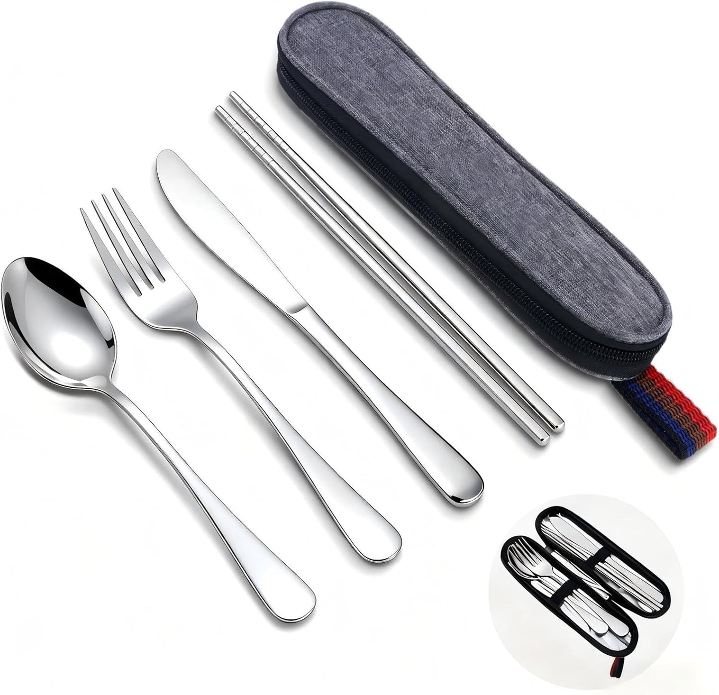 Reusable Travel Utensils Set with Case, Premium Stainless Steel Flatware, Portable Silverware for Lunch, Camping, Picnic, Travel Fork and Spoon Set, To Go Utensils, Dishwasher Safe