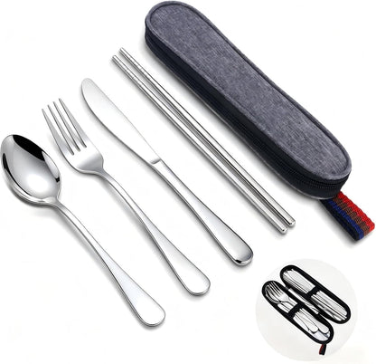 Reusable Travel Utensils Set with Case, Premium Stainless Steel Flatware, Portable Silverware for Lunch, Camping, Picnic, Travel Fork and Spoon Set, To Go Utensils, Dishwasher Safe