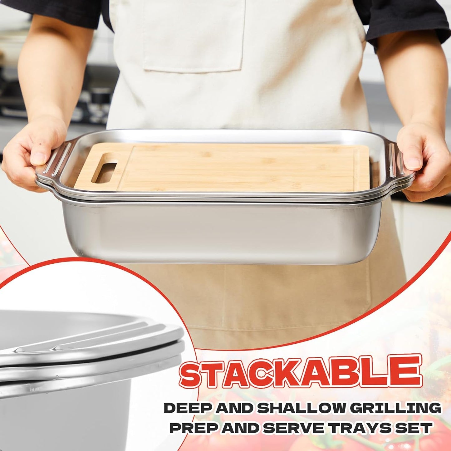 4 Pcs Grill Prep Set – Stainless Steel BBQ Prep & Serve Tray, Marinade Containers with Lids and Cutting Board for Outdoor Grilling, BBQ, Marinating (Deep Tray)