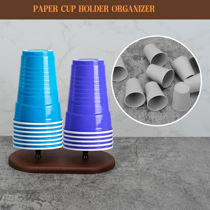 Paper Cup Dispenser and Lid Organizer, Double Compartment Storage Holder for 8oz Coffee Cups, Bathroom, Coffee Station (Brown 2)