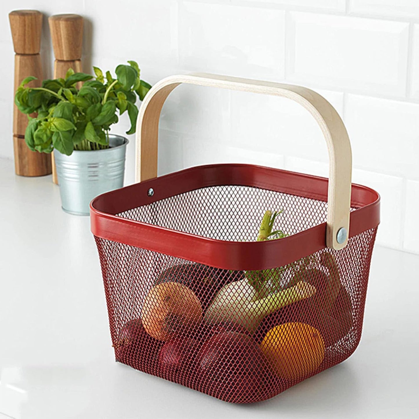 AJIODA Metal Mesh Steel Basket, Storage Organizer Basket Multi-functional Hanging Kitchen Baskets Fruit Basket Bin with Bamboo Handle for Kitchen Bathroom Picnic Shopping Decor Cabinet Home, Blue