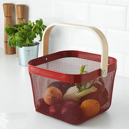 AJIODA Metal Mesh Steel Basket, Storage Organizer Basket Multi-functional Hanging Kitchen Baskets Fruit Basket Bin with Bamboo Handle for Kitchen Bathroom Picnic Shopping Decor Cabinet Home, Blue