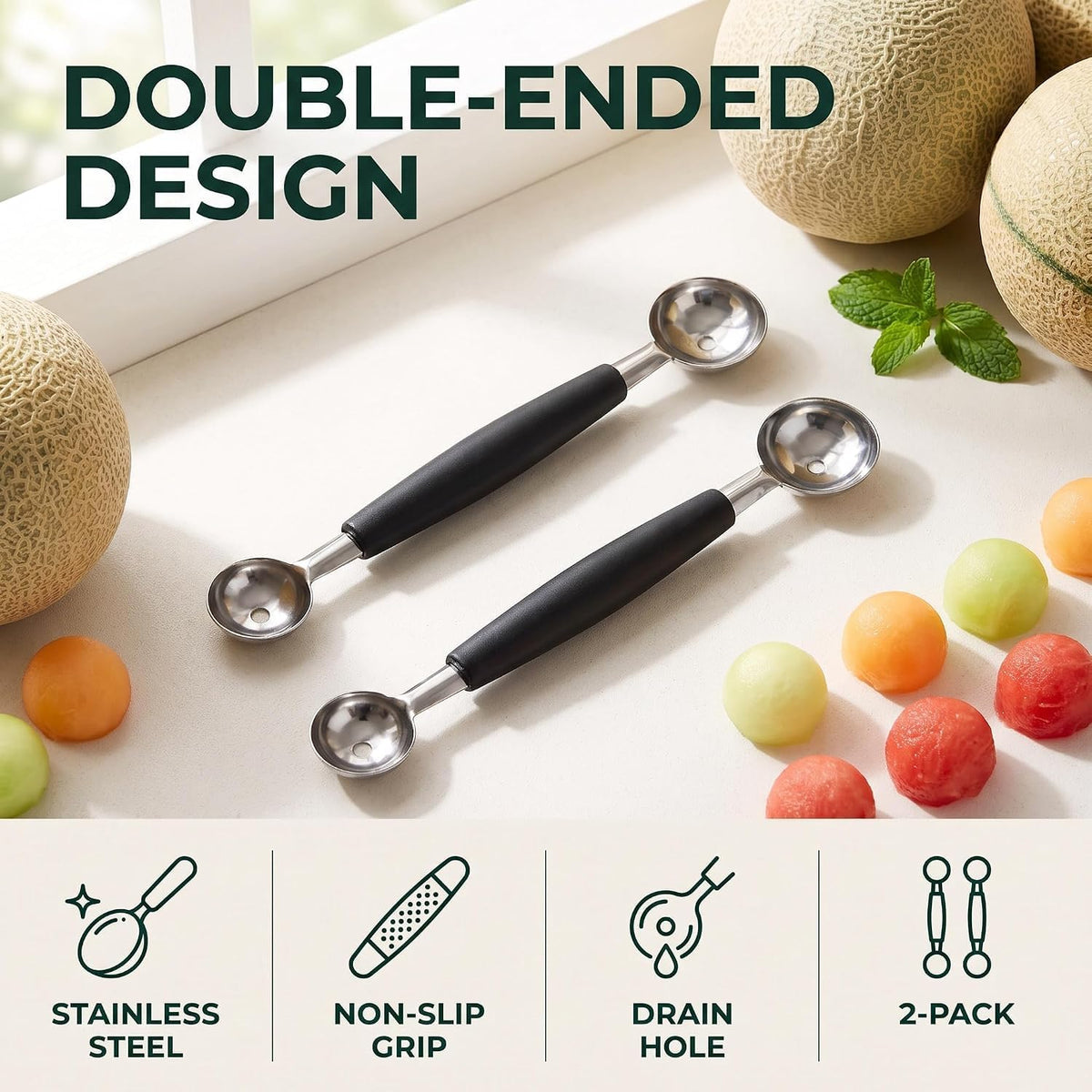 2Pcs Melon Baller Scoop, Stainless Steel Double Ended Headed Fruit Ice Cream Ball Spoon, DIY Fruit Platter Ball Tool Scooper for Watermelon/Ice Cream/Fruits/Sorbet/Meatball, Fruit and Vegetable Tools