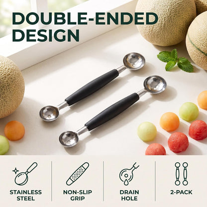 2Pcs Melon Baller Scoop, Stainless Steel Double Ended Headed Fruit Ice Cream Ball Spoon, DIY Fruit Platter Ball Tool Scooper for Watermelon/Ice Cream/Fruits/Sorbet/Meatball, Fruit and Vegetable Tools