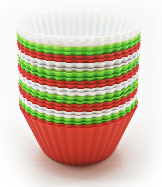 Silicone Cupcake Baking Cups - 24 Pieces Reusable, Muffin Liners, White, Red and Green, BPA Free, Dishwasher Safe MyFurtive Baking Cups, 100% Food Grade Premium Silicone