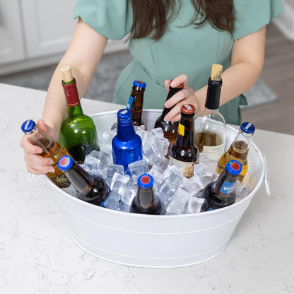 BREKX White Drink Cooler for Parties, Sealed Leak & Rust Resistant Galvanized Tub, Large Ice Bucket and Drink Bucket with Handles, 15 Quarts (4 Gallon), Oval Bucket with Easy to Clean Glossy Finish
