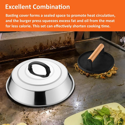 Leonyo Smash Burger Kit, 12" Basting Cover for Griddle, Round Cast Iron Bacon Press Cheese Melting Dome Lid BBQ Accessories for Outdoor Flat Top Grill, Kitchen Cooking