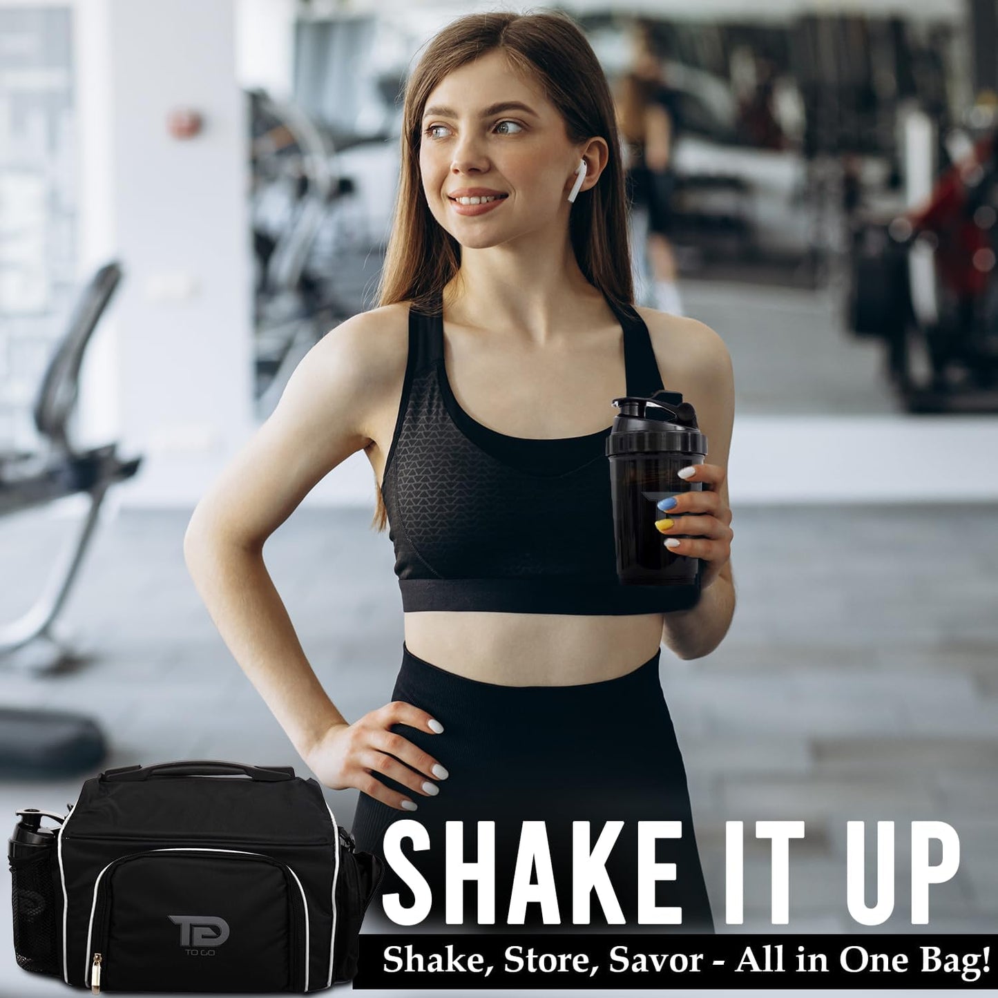 TO GO Meal Prep Bag Insulated Lunch Meals Bag W/6 Portion Control Containers,2 ICE PACKS, Shaker, Pill Box,With an Adjustable shoulder. bag for meals (Black)