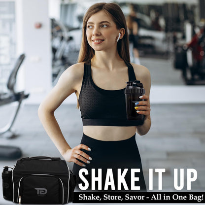 TO GO Meal Prep Bag Insulated Lunch Meals Bag W/6 Portion Control Containers,2 ICE PACKS, Shaker, Pill Box,With an Adjustable shoulder. bag for meals (Black)