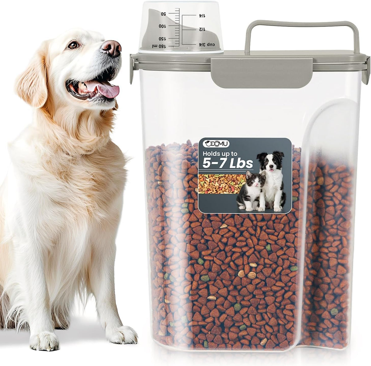 Dog Cat Food Storage Container, Pet Food Pourable Container Airtight with Large Spout & Cup, BPA-Free Plastic Food Dispenser for Pet Food, Bird Seed, Rice, Flour (Dark Gray, 2.5L)