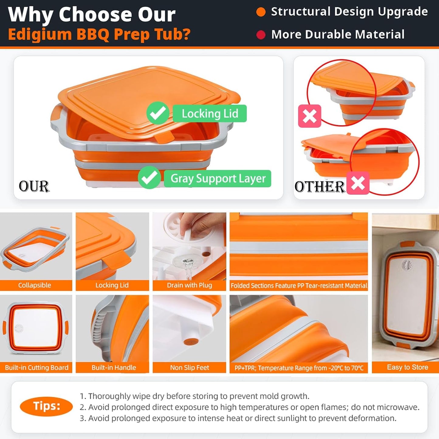 8L Collapsible BBQ Prep Tub with Locking Lid & Cutting Board - Marinade Container Grill Carry System for RV Picnic Tailgate - Portable Wash Basin for Kitchen Camping Sink - Gift for Men Women