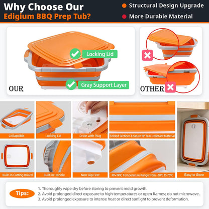8L Collapsible BBQ Prep Tub with Locking Lid & Cutting Board - Marinade Container Grill Carry System for RV Picnic Tailgate - Portable Wash Basin for Kitchen Camping Sink - Gift for Men Women